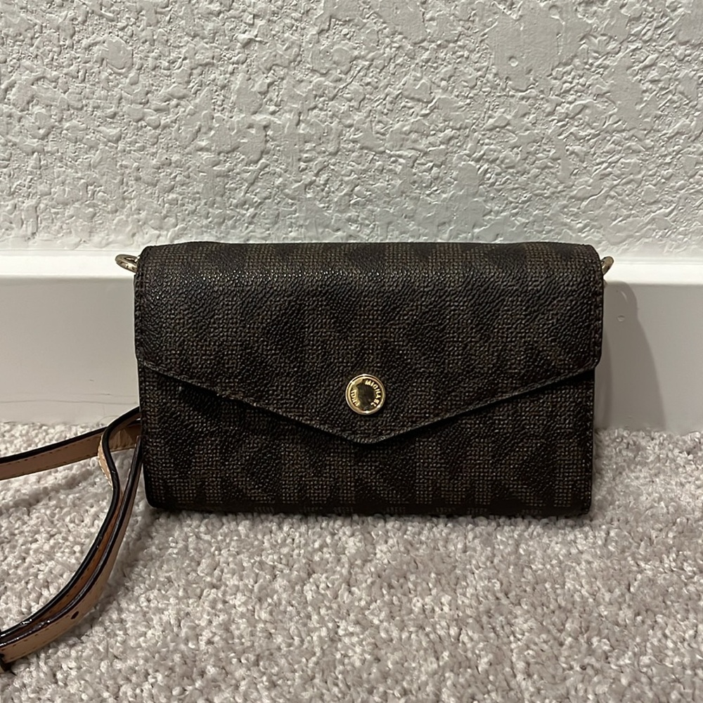 Michael Kors Crossbody Wallet - Chocolate Brown with MK Logo